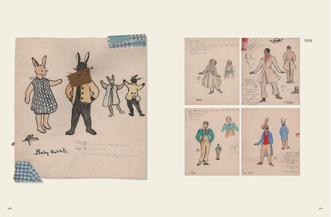 knygos iliustracija: 1914 metų kostiumų ir triušių eskizų dviejų pusių plėtinys su mėlynais languotais lipdukais