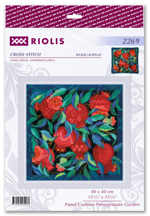 Kryželių rinkinys Riolis 40×40 cm – granatų raštas su ryškiomis raudonomis granatomis ir žaliais lapais, panelė pagalvei