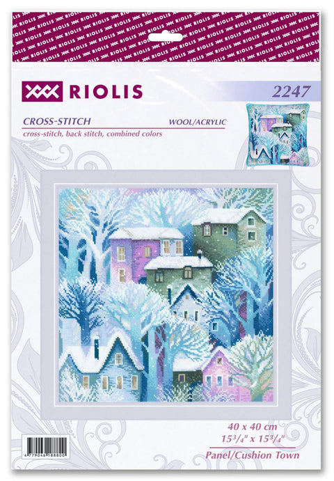 Kryželių rinkinys Riolis 40×40 cm, vilna/akrilas, žiemos miestelio dizainas pastelinių mėlynos ir rožinės spalvų