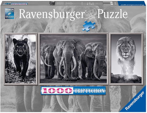 Dėlionė Ravensburger 1000 dalių triptichas: centrinė dramblių grupė, kairėje juodas pantera, dešinėje liūtas