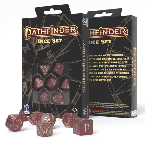 Pathfinder kauliukų rinkinys, bordo marmorinio efekto su auksiniais skaičiais, standartinis 7 dalių, dėžutėje ir išdėstyti priekyje