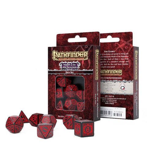 Pathfinder kauliukai raudoni‑juodi 7 dalių rinkinys Wrath of the Righteous su atvira dėžute ir išrikiuoti priešais ją