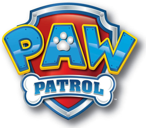 Paw Patrol lipdukas ryškus mėlynai geltonomis raidėmis ant raudono skydelio su balta kaulo juostele, skirtas prekės ženklo identitetui
