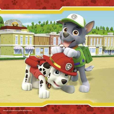 PAW Patrol plakatas su Maršalu ir Rokiu, ryškūs raudoni ir žali tonai, priekinis planas vaikų kambariui