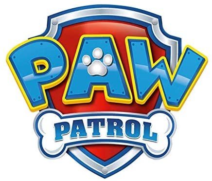Paw Patrol logotipas raudoname skyde su mėlynomis ir geltonomis raidėmis, skirtas licencijuotam vaikų marškinėlių priekiui