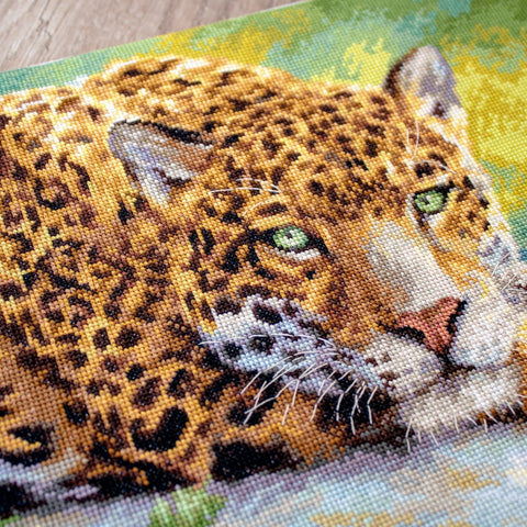 Kryželių rinkinys leopardas, artimas planas su žaliomis akimis ir ryškiais rudos–gelsvos siūlų atspalviais, matoma audinio ir dygsnių tekstūra