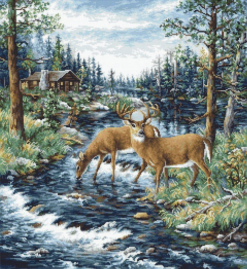 Deimantinė tapyba miško scena su dviem rudais elniais prie tekančios upės, 40×50 cm variantas, unikalus motyvas