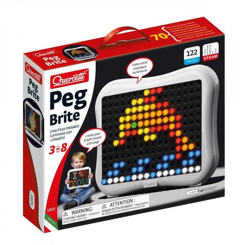 Peg Brite mozaikos rinkinys Quercetti — juoda lentelė su baltu rėmu ir 122 spalvotomis smeigtukėmis, pakuotė rodoma