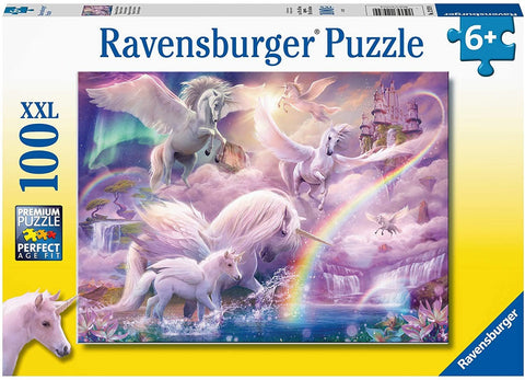 Dėlionė Ravensburger 100 XXL dalių, rožinių ir violetinių atspalvių vienaragių scena su pilimi ir vaivorykšte, 6+