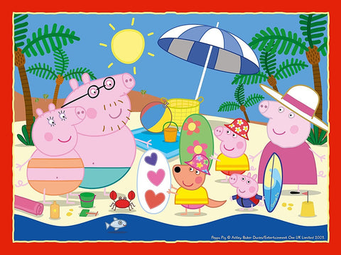 Peppa Pig plakatas su šeima paplūdimyje po skėčiu, saulė, palmės, banglentės ir spalvoti pliažo žaislai