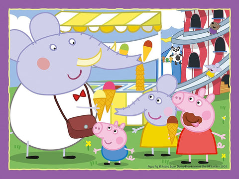 Peppa Pig dėlionė – ryškus paveikslas su Peppa ir draugais prie atrakcionų valgančiais ledus, skirtas vaikų kambariui