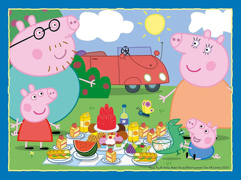 Peppa Pig dėlionė su šeimos pikniku lauke, ryški scena su raudonu automobiliu, įvairiais desertais ir žaliu dinozauru