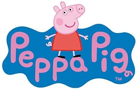 Peppa Pig logotipas su rožine Peppa stovinčia ant mėlyno banguoto fono, skirtas produkto prekės ženklo identitetui