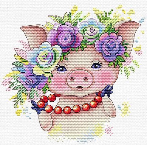 Kryželių rinkinys kiaulės motyvas — artimas priekinis planas su pastelinių rožių vainiku ir raudonomis karoliukėmis, skirtas 30×30 cm darbui