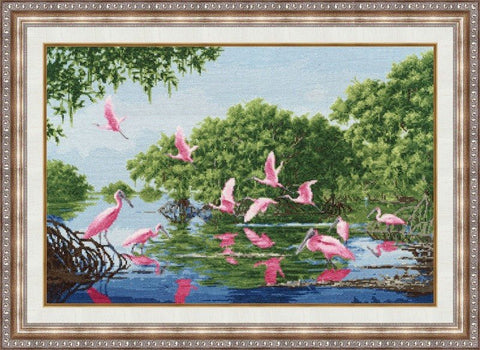 kryželiu siuvinėjimo rinkinys su rožiniais paukščiais ir žaliomis mangrovėmis, užbaigtas rėme, 50×70 cm