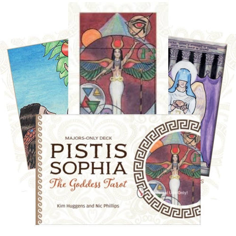 Pistis Sophia tarot kortos — dėžutės priekinis dizainas su trimis spalvotais archetipų kortų pavyzdžiais, majora tik leidimas