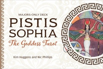 Pistis Sophia tarot kortos — prabangus kreminės dėžutės viršelis su apskritu dievės piešiniu, graikų ornamentais ir autorų vardais
