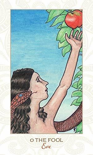 Tarot korta Eve (The Fool) – moteris ištiesusi ranką link obuolio, gyvatė apvijusi ranką, šviesios akvarelinės spalvos
