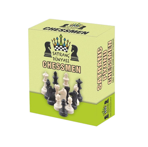 Šachmatų rinkinys Chessmen: juodos ir baltos plastikinės figūros išdėstytos priekinėje dėžutės dalyje