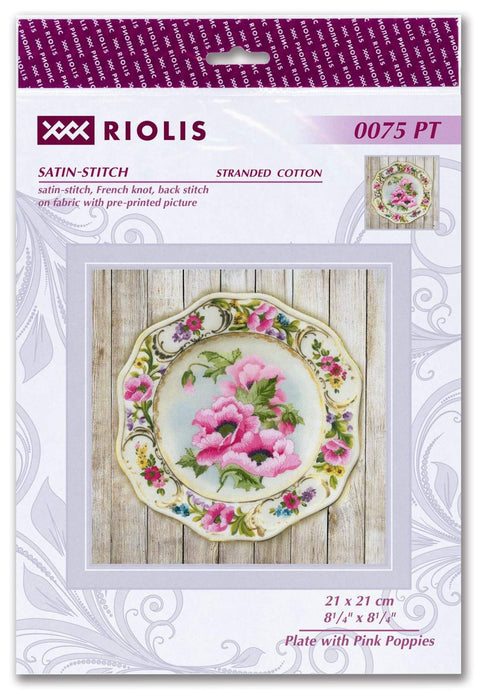 Siuvinėjimo rinkinys Riolis su rožinėmis aguonomis, 21×21 cm spausdinta drobė ir siūlai pakuotėje