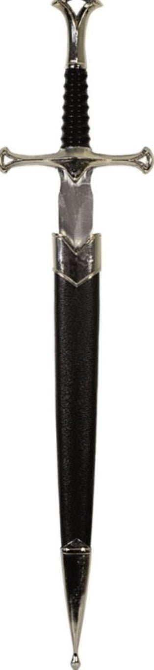 Durklas su juodu odiniu dėklu ir sidabrinėmis apdailomis, juoda ribuota rankena ir kryžminiu gardu