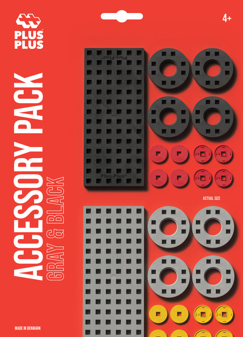 Plus-Plus mini 20 mm aksesuarų rinkinys pilka–juoda: ratai, centriukai, pagrindai