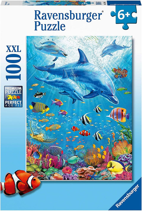 Dėlionė Ravensburger 100 XXL su ryškiu mėlynu povandeniniu piešiniu, delfinais ir koralų gyvūnija, skirta vaikams 6+
