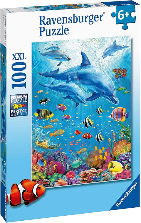 Dėlionė Ravensburger 1000 dalių (XXL), povandeninė scena su delfinais ir spalvingais koralais, dėžutės priekinė pakuotė