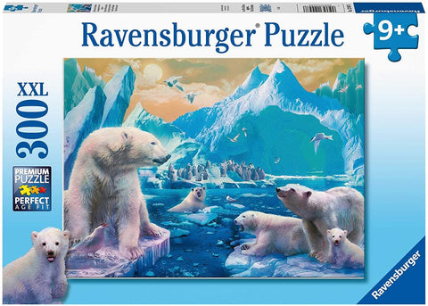 Dėlionė Ravensburger 300 XXL su poliarinių lokių ir ledynų scena, rėminis dėžutės vaizdas parduotuvės puslapyje