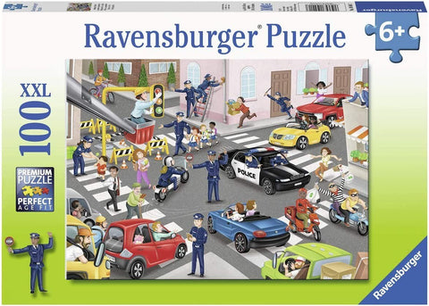 Dėlionė Ravensburger 100 XXL dalių — spalvinga miesto eismo scena su policija, automobiliais ir pėsčiaisiais, 6+