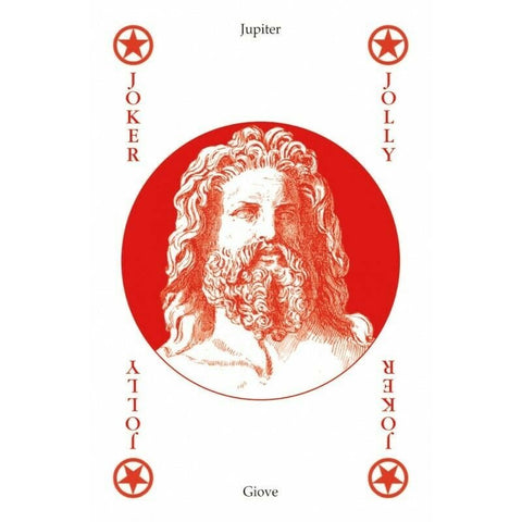 Joker korta su Jupiterio (Giove) raudonu apskritimu ir klasikiniu piešiniu centre, minimalistinė kraštų dekoracija
