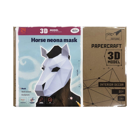 Popierinė arklio kaukė baltos spalvos 3D papercraft pakuotėje, Paperraz prekės ženklas, skirtas dekorui ir dėvėjimui