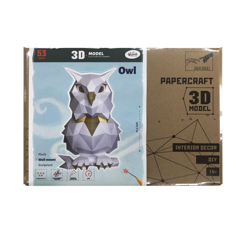 3D popierinė skulptūra pelėda baltos ir auksinės spalvos, 42 cm aukščio sieninis modelis pakuotėje
