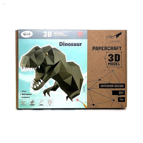 3D popierinis dinozauras – žalias geometrinis Tyrannosaurus ant pakuotės, DIY sieninei dekoracijai, tinka 14+