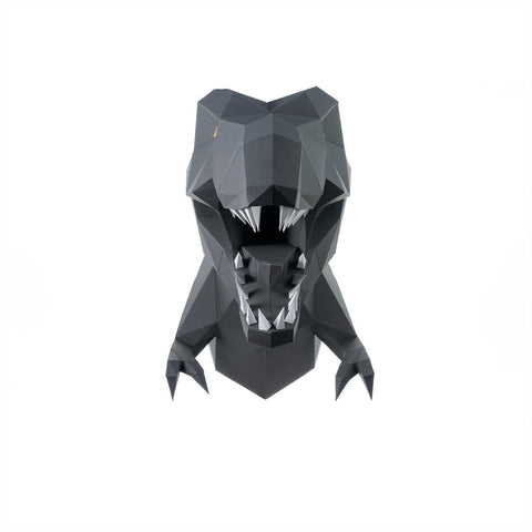 T‑Rex sienų dekoracija juoda geometrinė popierinė galva, iš priekio su atvira burna, dekoracija vaikų kambariui