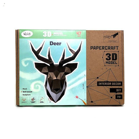 Popierinė elnio galva Papercraft, rudos‑juodos spalvų 47 dalių DIY rinkinys, sienai kabinti, pakuotės priekinė pusė