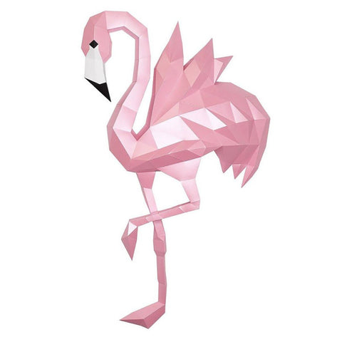 flamingas rožinis 3D popierinis sienų dekoras, stovi ant vienos kojos, žiūrėtas iš šono, tinkamas vaikų kambariui