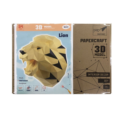 3D popierinis liūtas PAPERRAZ auksinės geltonos spalvos sieninė dekoracija — komplektas su dėžute, galvos aukštis ≈45 cm