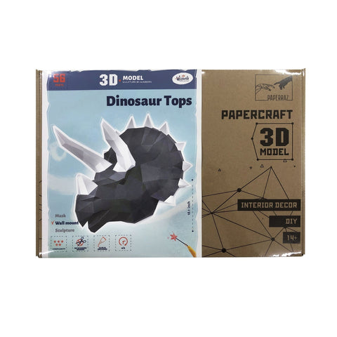 Dinozauro galva 3D papercraft sieninei dekoracijai – juodos ir pilkos spalvos triceratopo kaukė pakuotėje