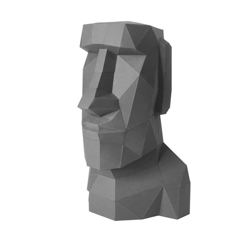 Moai galvos popierinė skulptūra pilka, daugkampė 3D dekoro figūra iš šono, kompaktiška lentynai ir sienai
