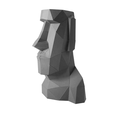 Moai statulėlė, pilkos spalvos geometrinė popierinė skulptūra profilio kampu, moderniai interjero dekoracijai, 30 cm aukščio