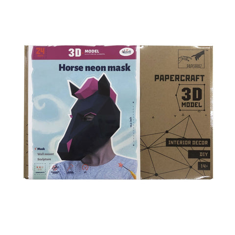 Arklio kaukė Paperraz 3D popierinė, juoda su neoninėmis rožinėmis detalėmis, pakuotės priekinė dalis su dydžio žymėjimu