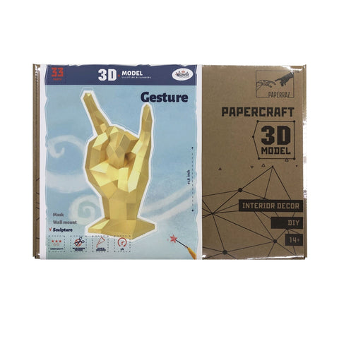 3D papercraft skulptūra auksinė "Gesture" — komplekto dėžutės priekis su surinkto rankos ženklo iliustracija, matmenimis ir 33 dalių žyma