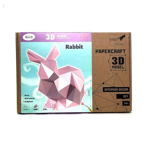 Popierinis 3D triušis komplektas (rožinis) ant pakuotės priekinio plano, „Papercraft“ dėžutė skirtai sieninei dekoracijai ir DIY surinkimui