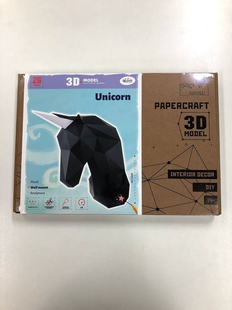 3D vienaragio sieninė dekoracija Papercraft, juodas poligoniškas poligoniškas dizainas ant pakuotės, DIY rinkinys kabinimui