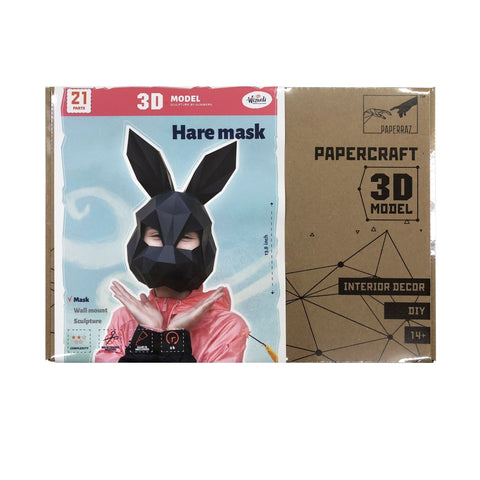 Kiškio kaukė iš Papercraft DIY rinkinio, juoda geometrinė 3D kaukė su 21 dalimi, skirta dėvėti arba naudoti kaip sieninę dekoraciją
