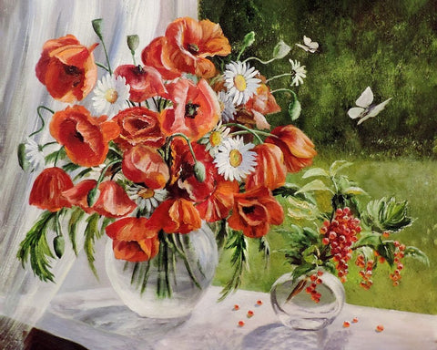 Paveikslas aliejinė tapyba ant drobės su raudonomis aguonomis ir ramunėlėmis, 60×80 cm, vertikali kompozicija, tinkama svetainės sienai