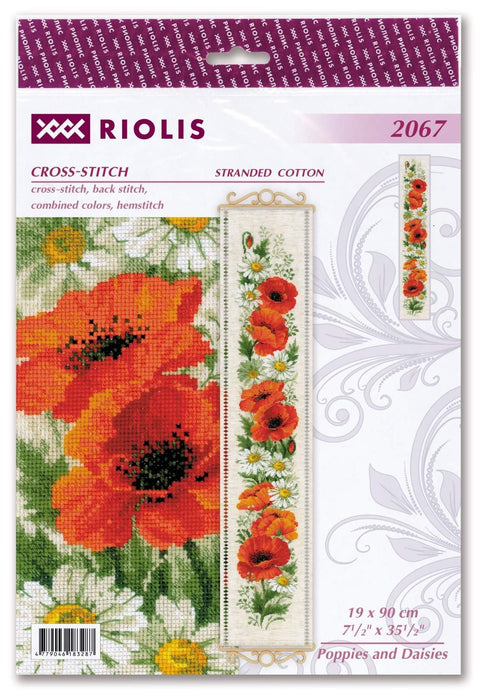 Kryželių rinkinys Riolis su ryškiai raudonomis aguonomis ir ramunėmis, 19×90 cm vertikali juosta ant pakuotės