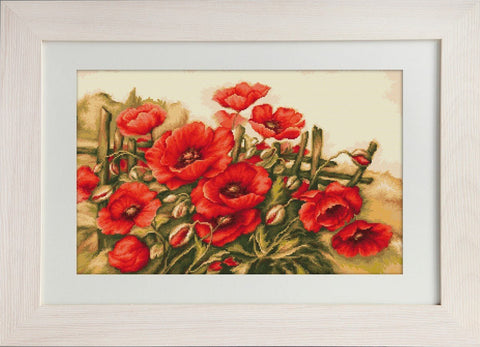 Siuvinys kryželiu: rėmintas raudonų aguonų paveikslas, priekinis planas, 40×30 cm, puikiai tinka svetainės sienai