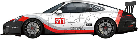 Porsche 911 dėlionė: balta‑raudona 500 dalių lenktyninio automobilio šono panorama, matoma iš profilio